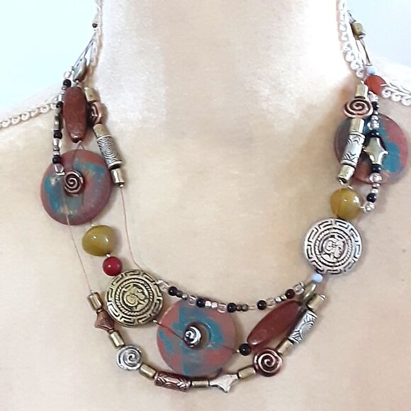 Boho artistic 3 strand floating 16" necklace beaded silver tone accents - Picture 1 of 4